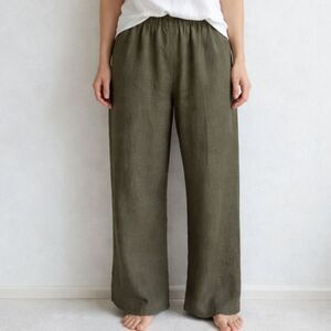 Finity Natural Womens Plus Size Dark Green Elastic waist 100% linen pull on pant